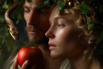 Eden departure: Adam mistake, Eve transgression, serpent deception, sacred fruit, moral awakening, divine punishment, spiritual exile, paradise loss, Genesis lesson, scripture symbol, biblical truth
