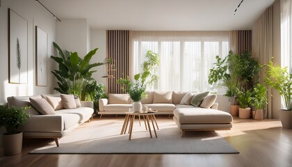 cozy modern living room with light colors and a touch of greenery