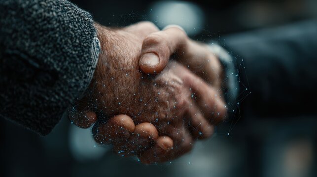 Business handshake between human and digital technology symbolizes agreement and collaboration