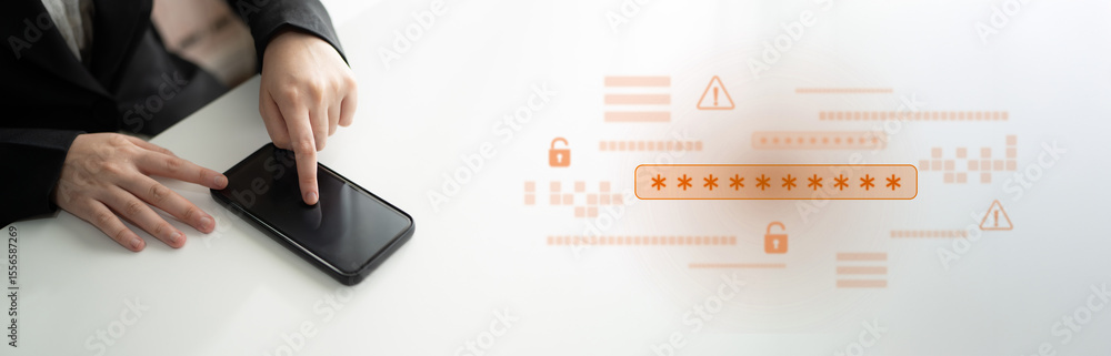 Poster password security breach warning with red asterisk box, cybersecurity alert, lock icons, and critica