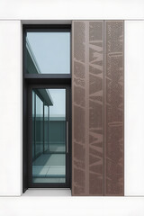 Fototapeta premium Modern building facade with a textured brown panel and windows. 