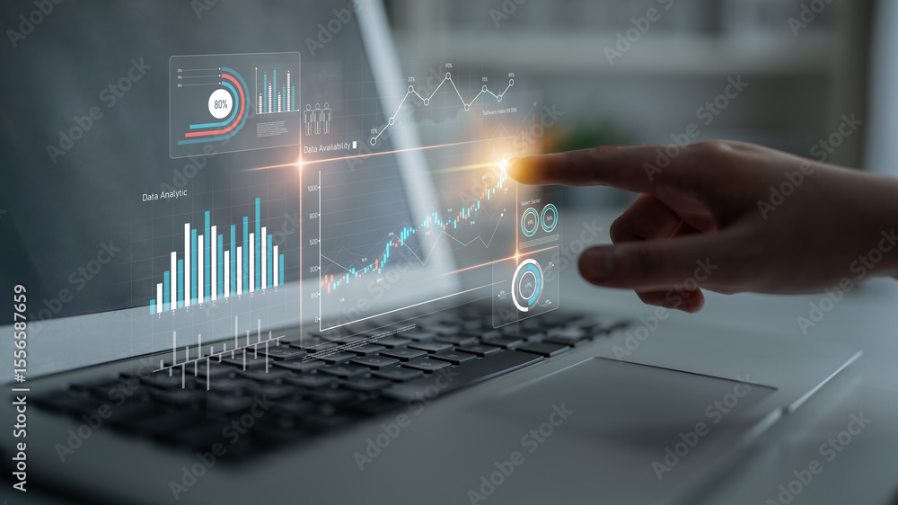 Poster data analytics dashboard with charts, indicators, and performance metrics, reveals trends, data anal