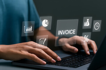 E-invoice and digital billing. Laptop with invoice icon for electronic financial statement services.

