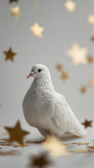 Fototapeta premium A white dove stands gracefully against a blurred background of golden stars. The scene conveys peace and tranquility, ideal for festive themes.