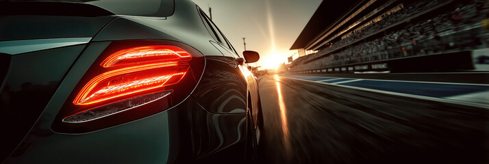 taillights of black sports racing car on track in race close up