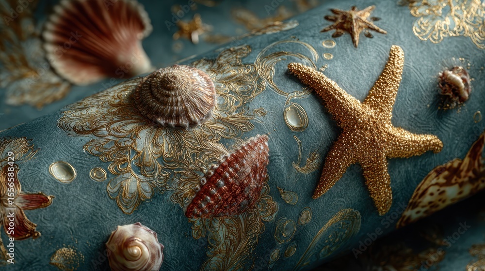 Poster underwater life features colorful fish swimming amidst coral and seashell formations in the deep oce