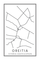 Hand drawn printable downtown road map poster of district OREITIA of the Spanish city of VITORIA-GASTEIZ on solid white background with city name