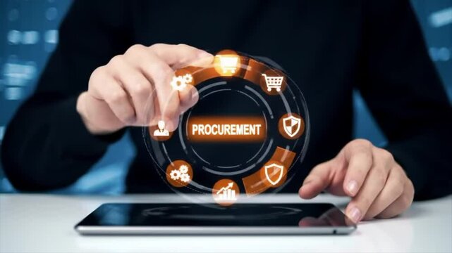 Individuals engage with a digital tablet to explore various procurement options. This focuses on enhancing business efficiencies through technology and strategic sourcing methods