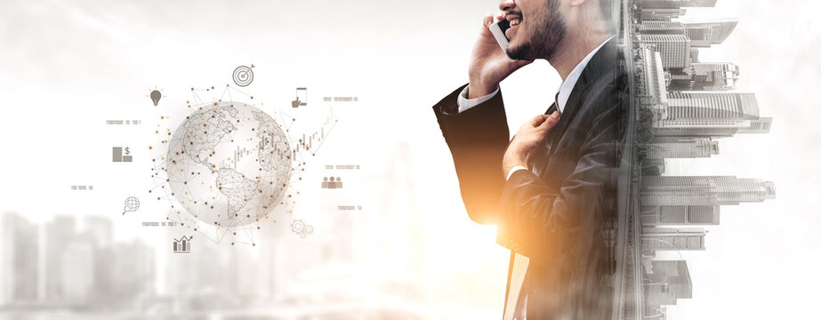 Global business network connecting digital economy and data exchange. Global business expands market, business shares data, global drives finance, and global business supports insight. Vouch - Powered by Adobe