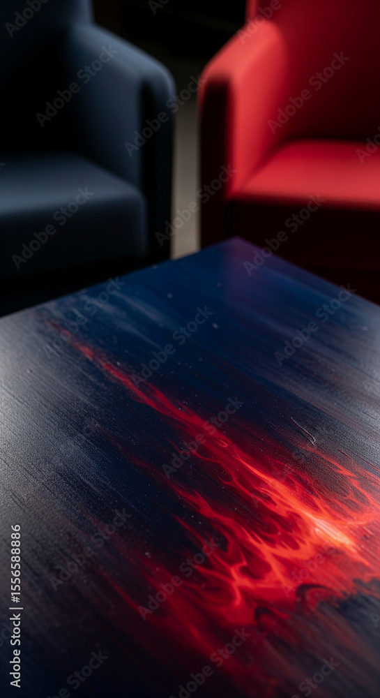 Poster close-up of dark blue table with red flame design, blurred armchairs in background, showcasing free 