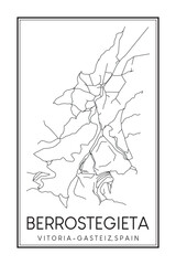 Obraz premium Hand drawn printable downtown road map poster of district BERROSTEGIETA of the Spanish city of VITORIA-GASTEIZ on solid white background with city name