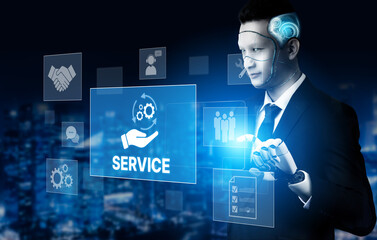 AI-assisted support system for business services showing hands-on process, communication, and...