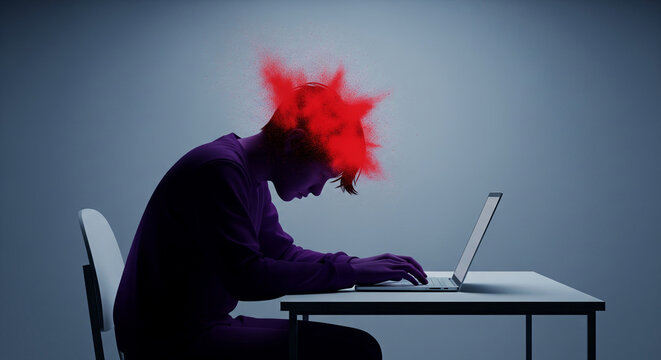 Person using laptop, red particles exploding from head, suggesting stress or mental overload.  Illustrates digital strain and mental health