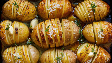 Golden Hasselback potatoes with flaky salt, fresh herbs, and garlic, freshly roasted.

