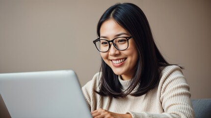 Pretty cheerful Asian smiling woman in eyeglasses and casual clothes browses laptop computer