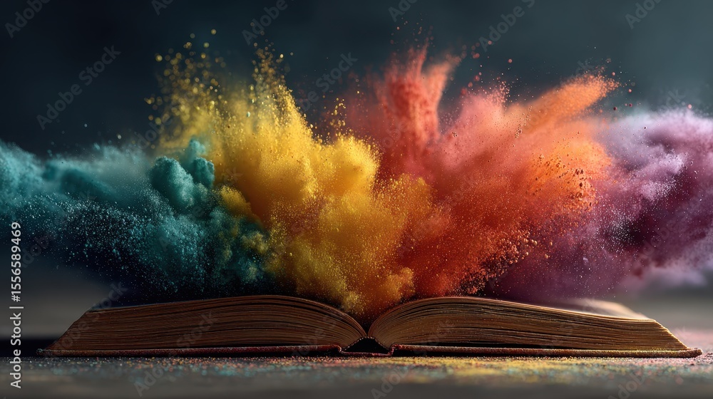 Poster Open book with glowing particles emanating from pages creating colorful abstract forms