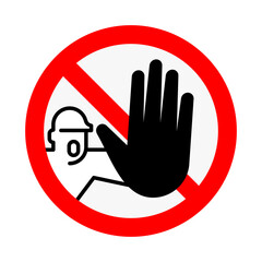 Construction area keep out prohibition round sign. No trespassing for pedestrian symbol icon. Beware warning mark. Editable stroke.