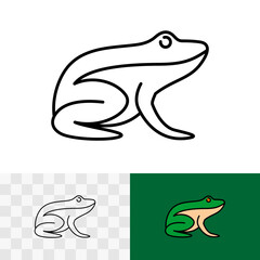 Frog side view logo icon. Toad simple silhouette thin line style and plain color fill version. Editable stroke.