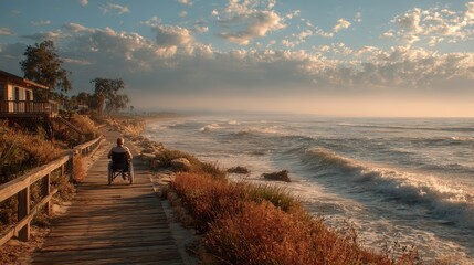 Person using wheelchair rides the ramp towards the ocean water at Outer Banks North Carolina during a bright sunny day with cloudy sky