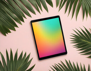 tablet mockup on colorful background with palm leaves