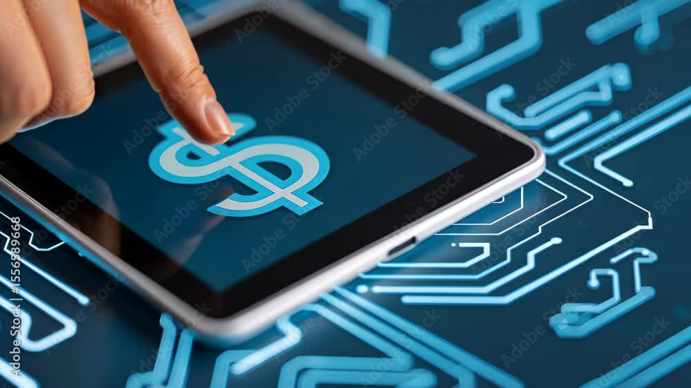 Poster digital commerce: a close-up shot highlighting a person's finger interacting with a digital tablet d