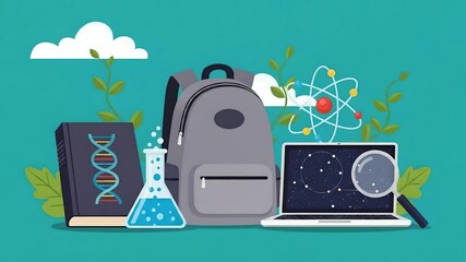 Science education, backpack, DNA book, flask, laptop with constellations, and atom models symbolize learning. Ideal for educational content, tech, research, and innovation.  - Powered by Adobe