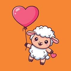 Cute Sheep with Heart Balloon. Sweet Love Concept.
