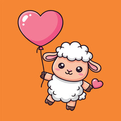 Cute Sheep with Heart Balloon. Sweet Love Concept.
