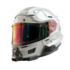 Futuristic white motorcycle helmet with an iridescent visor provides bold protection design ideal for tech advertising on transparent