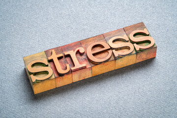 stress - word in vintage letterpress wood type, health and lifestyle concept