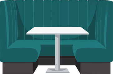 Green upholstered booth seating with white square table for restaurant or diner interior design vector illustration