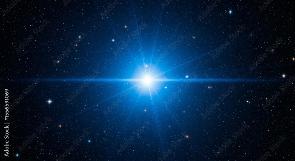 Poster bright blue star shining in dark space, surrounded by smaller stars, creating a cosmic, celestial sc