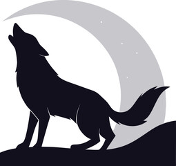 Howling Wolf Silhouette under Crescent Moon Vector