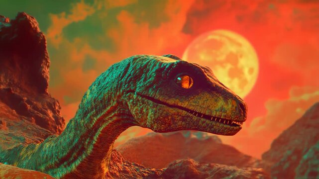 Dinosaur Roaming Under the Full Moon