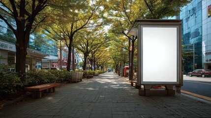 Blank billboard ad space stands on tree lined street in taipei during the daytime