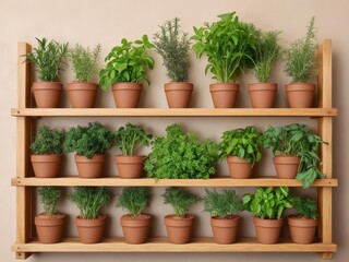 various fresh herbs and spices in pots on shelves against a wall