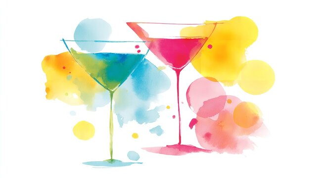 Two vibrant watercolor martinis suggesting fun cocktail party painted in a dreamy style with refreshing hues and flowing