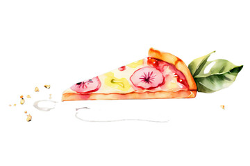 Watercolor slice of pizza with tomato and basil leaf. Fast food concept on transparent background, for restaurant menu.