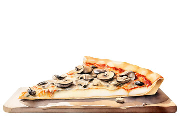A watercolor drawing of a mushroom and olive pizza slice on a wooden board, isolated on transparent background. Food art.