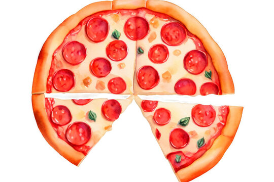 Watercolor pizza with cut slices, pepperoni, and basil leaves on transparent background for food menus and recipe books.