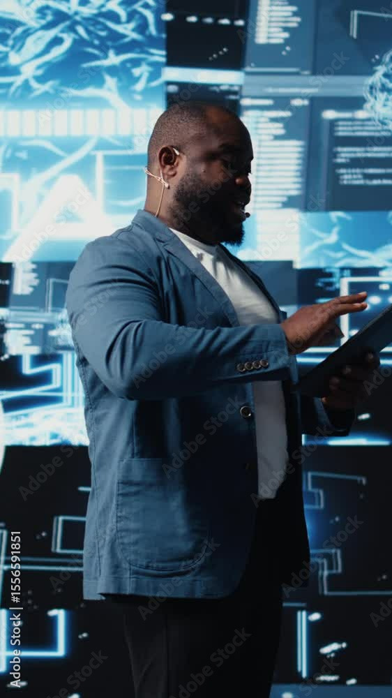 Poster vertical video african american male specialist presenting deep learning ai systems, ensuring roboti