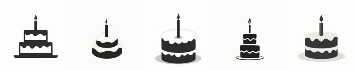 Birthday Cake Icons with Candle and Icing – Flat Vector Silhouettes