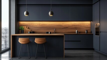 Modern dark kitchen with city view (1)