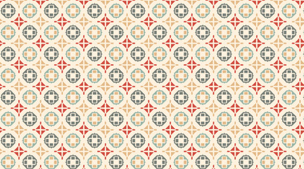 Vintage Geometric Tile Pattern, Retro Folk Star and Circle, Decorative Seamless Vector Background
