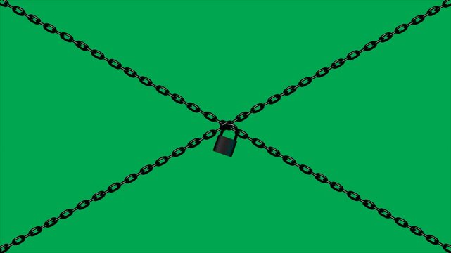 Crossed black chain barrier animation with padlock locking in the center on green screen. 4K animated for motion graphics, security, overlays, and video editing.