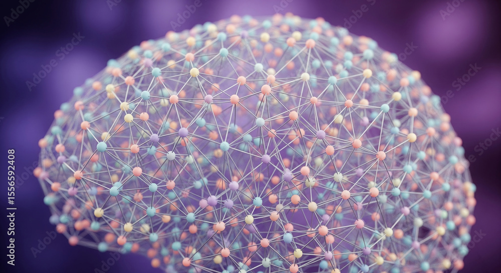 Poster abstract pastel sphere, interconnected nodes forming network, symbolizes connection, communication, 