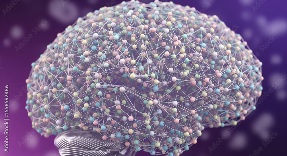 Poster Abstract brain model with pastel spheres and interconnected lines, representing neural network, connections, and complex systems, ideal for science or technology concepts