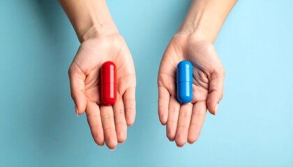 Two hands holding red and blue pills