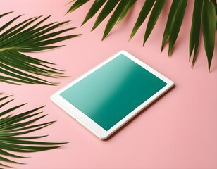 tablet mockup on colorful background with palm leaves