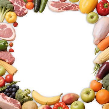 lots of meat, vegetables and fruits form the frame with white background